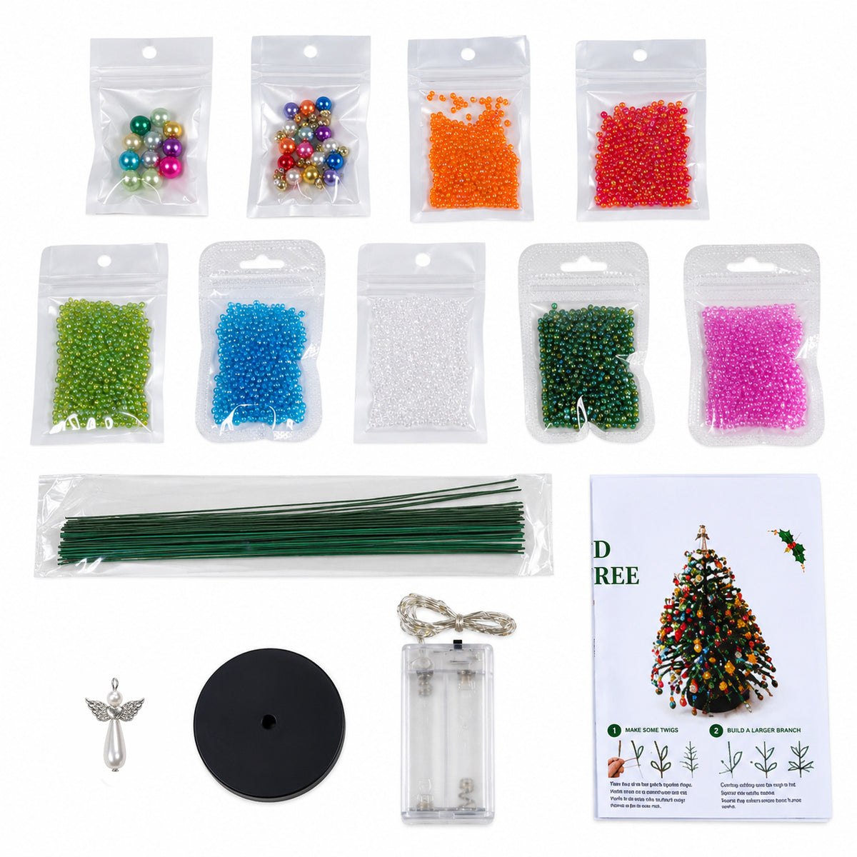 Christmas tree craft kit components and instruction leaflet