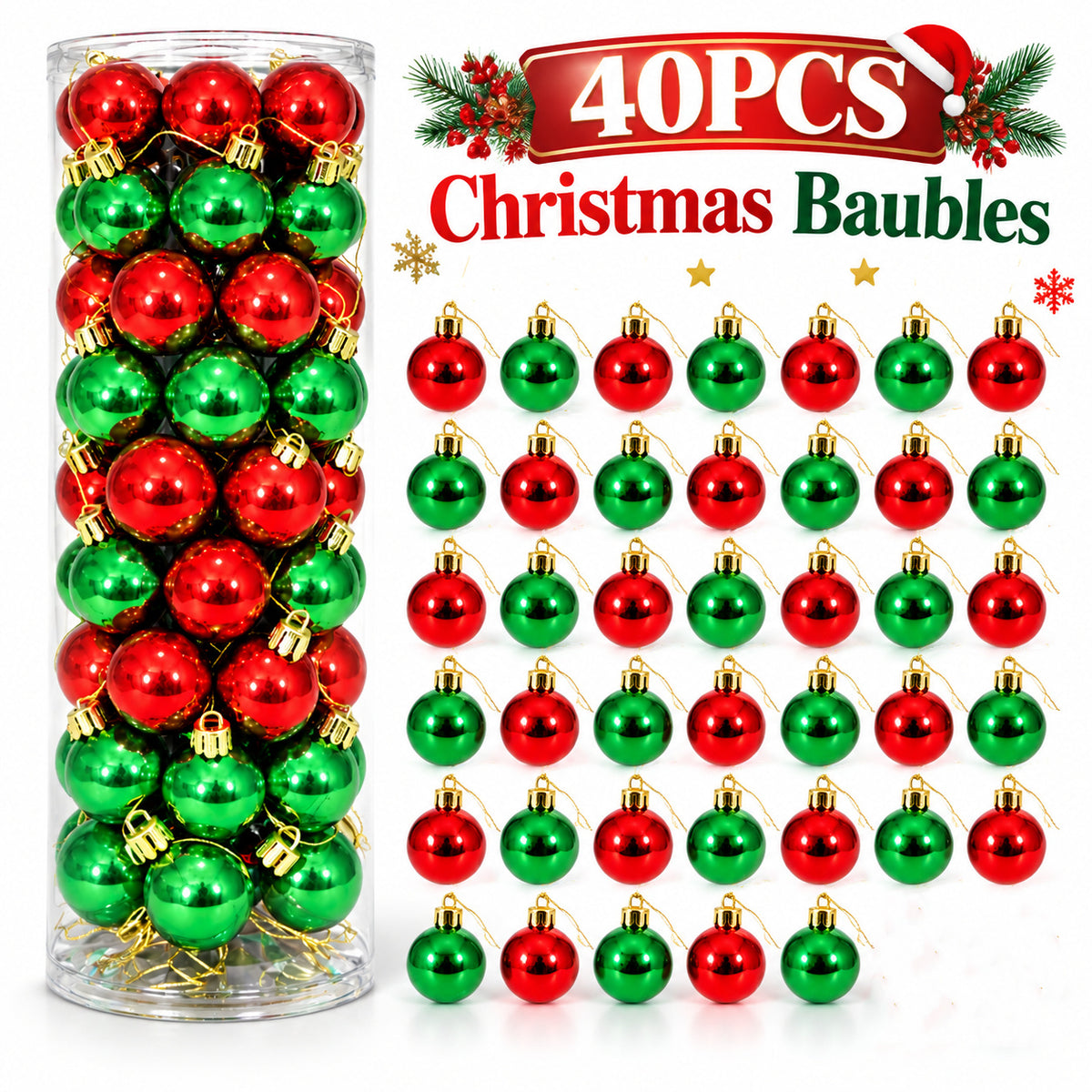 Mini Christmas Baubles — Red & Green, 40 Pack