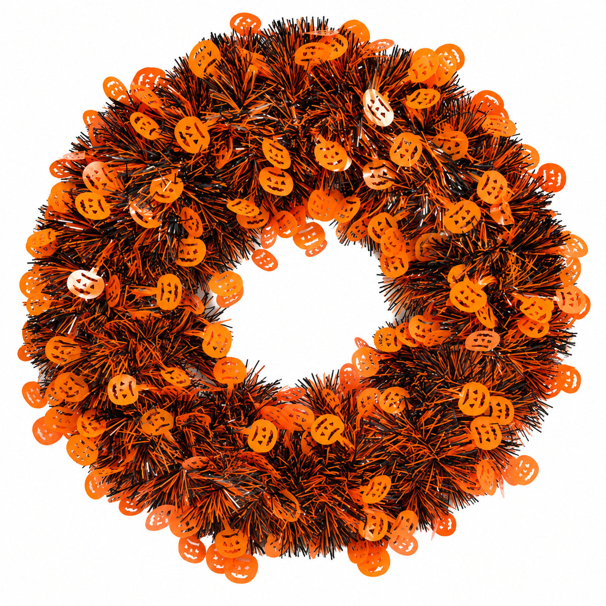 Orange and black Halloween pumpkin tinsel wreath, approximately 44 cm