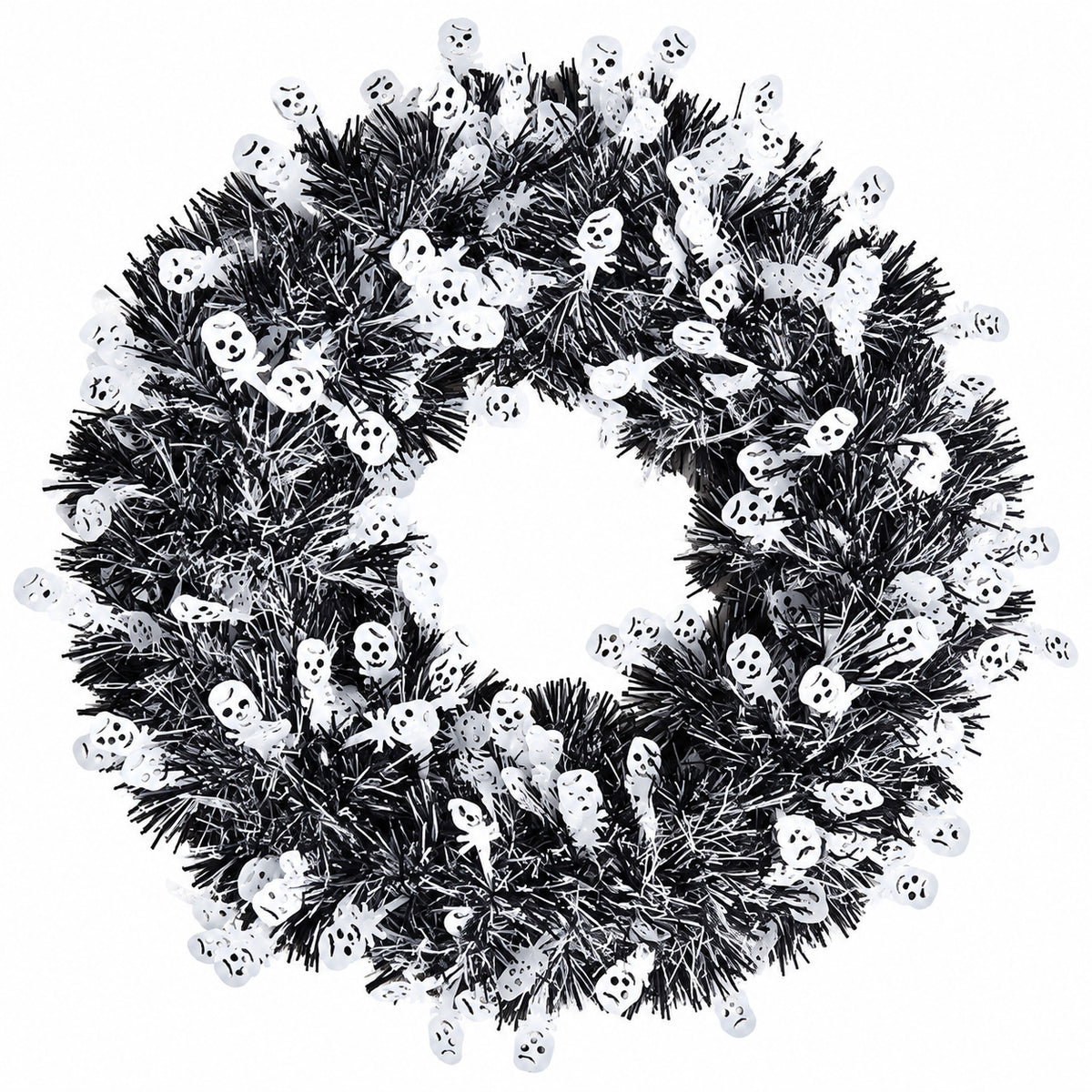 Black and white Halloween skull tinsel wreath, approximately 44 cm